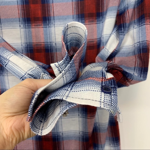 New Look Lightweight Soft Plaid Long Sleeve Button Up Red White & Blue Size S - Picture 8 of 11